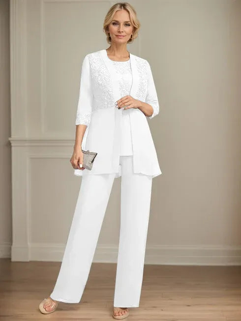 Combinaison/pantalon séparé en mousseline et dentelle, longueur au sol, col rond, robe mère de la mariée avec sequins