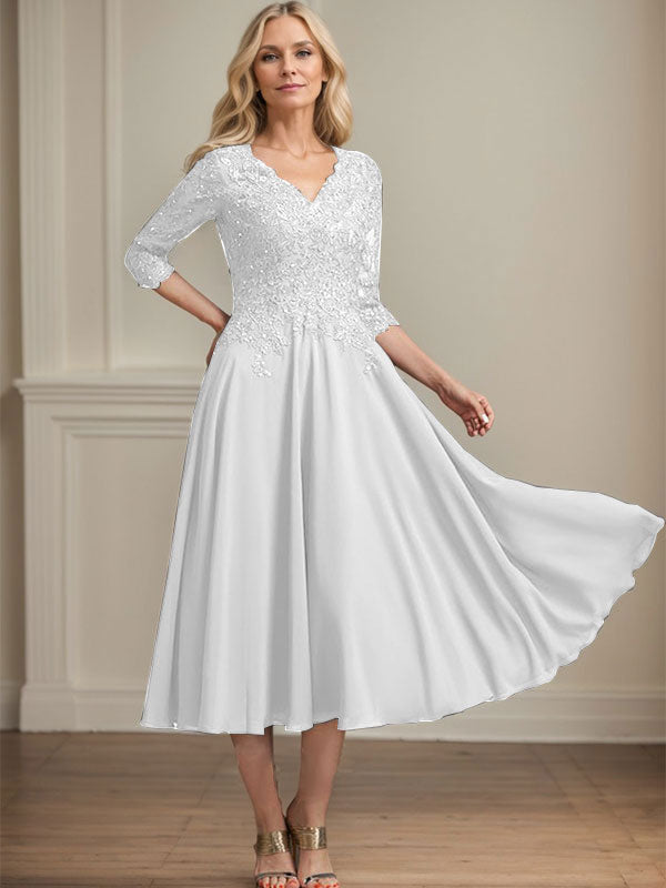 Robe de mère de la mariée en mousseline longueur thé, ligne A, col en V, en dentelle avec perles et sequins