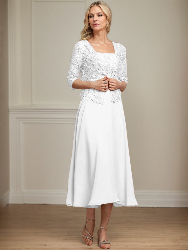 Robe de mère de la mariée en mousseline et dentelle ligne A longueur thé avec perles et sequins