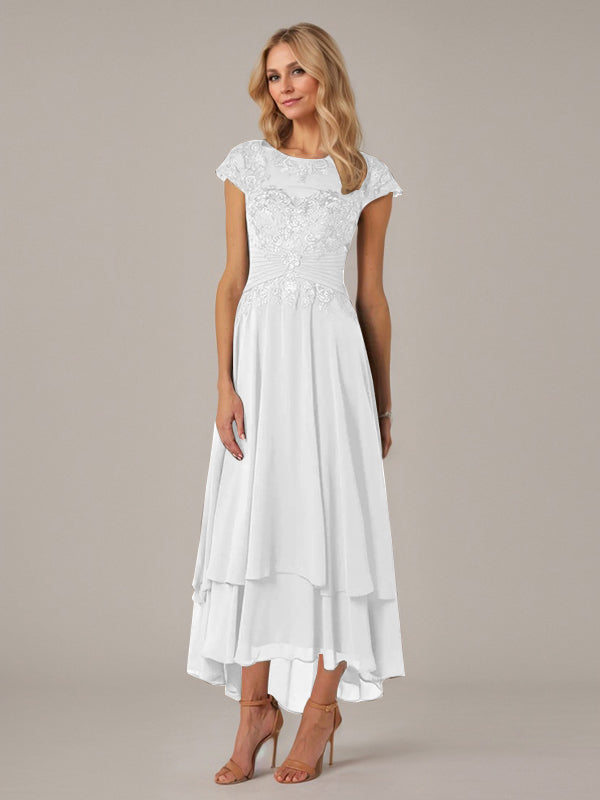 A-Linien Boot-Ausschnitt Illusions asymmetrisches Chiffon-Spitzen Mutterkleid der Braut mit Applikationsfalten