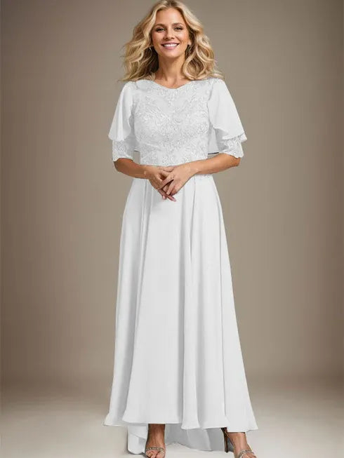 A-Linien Kleid mit Scoop-Ausschnitt, Illusion, asymmetrischem Chiffon und Spitzen, Mutter-der-Braut-Kleid mit Perlenbesatz