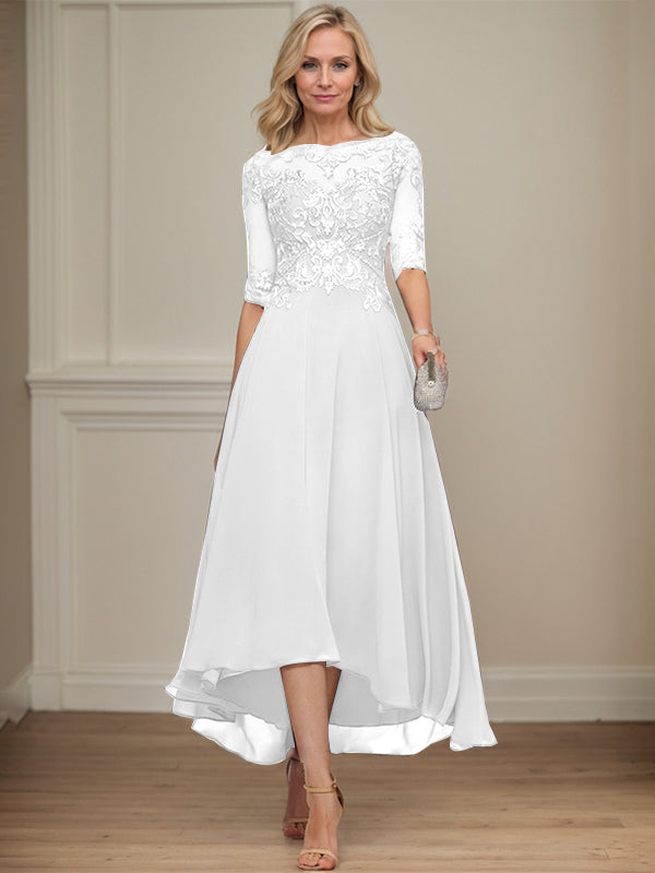 A-Linien Bootsausschnitt Illusionskleid mit asymmetrischem Chiffon-Spitzenstoff, Mutter-der-Braut-Kleid mit Paillettenperlen