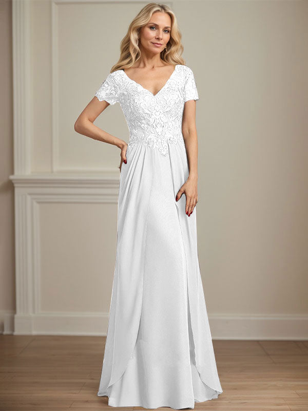 A-Linien Chiffon-Spitzen-Mutter-der-Braut-Kleid mit V-Ausschnitt, bodenlang