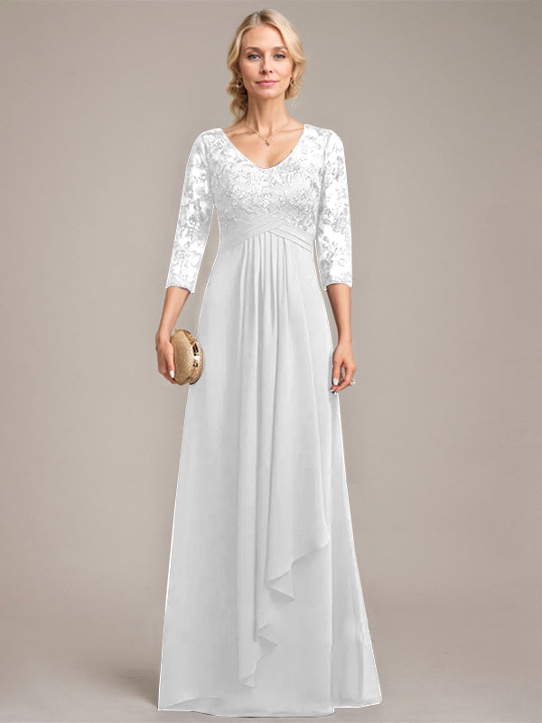 A-Linien V-Ausschnitt bodenlanges Spitzen-Chiffonkleid für die Mutter der Braut mit kaskadierenden Rüschen und Pailletten