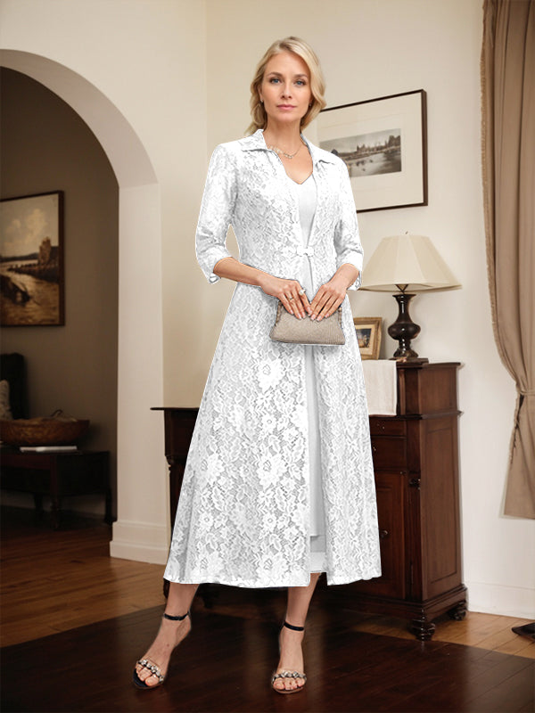 Robe mère de la mariée en mousseline longueur thé à encolure en V et coupe trapèze