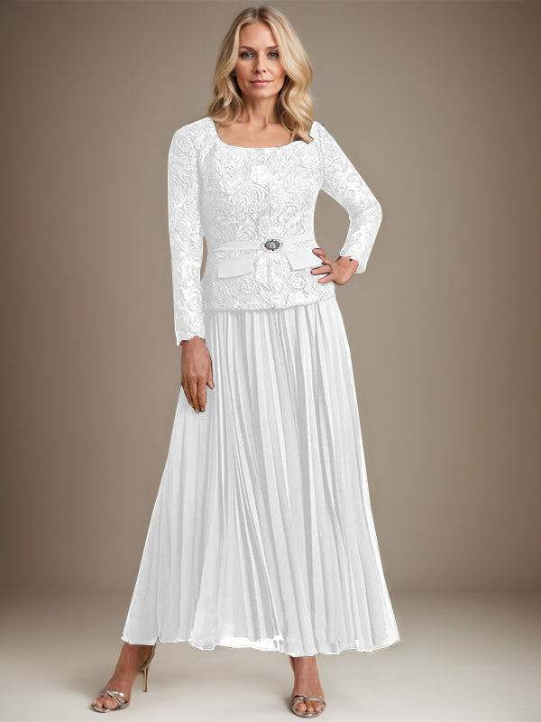 A-Linien-Kleid mit quadratischem Ausschnitt, knöchellang, Chiffon, Mutter der Braut, mit Falten