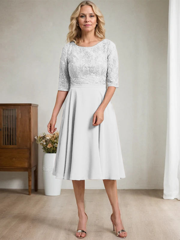 A-Linien Rundhalsausschnitt knielanges Spitzen-Chiffon Kleid für die Mutter der Braut