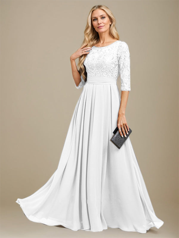 A-Line Scoop Floor-Length Lace Chiffon Mother Of the Bride Dress With Sequins Applique