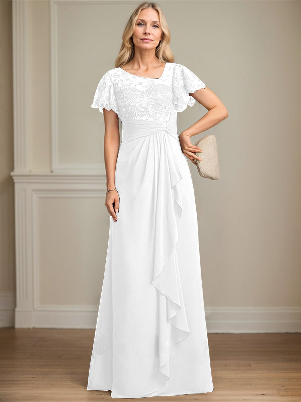 A-Linie asymmetrisches Illusions bodenlanges Spitzen-Chiffon Brautmutterkleid mit kaskadierenden Volants und Pailletten