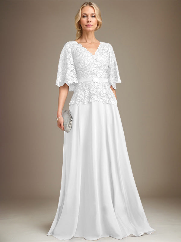 A-Linien V-Ausschnitt Bodenlanges Chiffon-Spitzen Mutter-der-Braut-Kleid mit Kristallbrosche und Strass