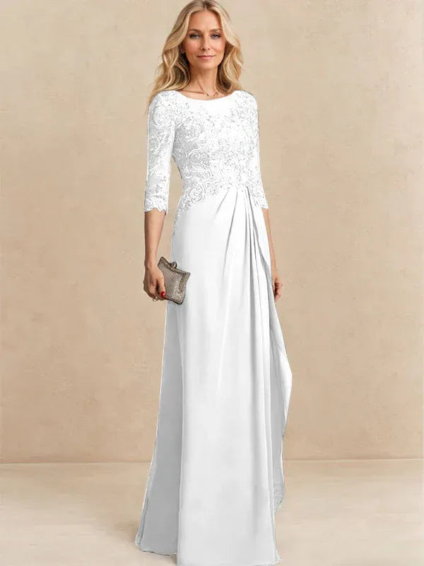 Vestido para la madre de la novia línea A con escote redondo ilusión, largo hasta el suelo, de gasa y encaje con cuentas, lentejuelas y volantes en cascada