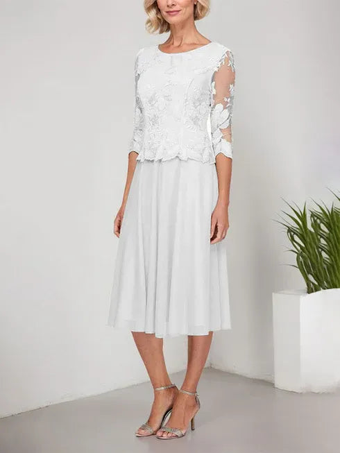 A-Linie Rundhals Tee-Länge Spitze Chiffon Mutter-der-Braut-Kleid mit Stickerei