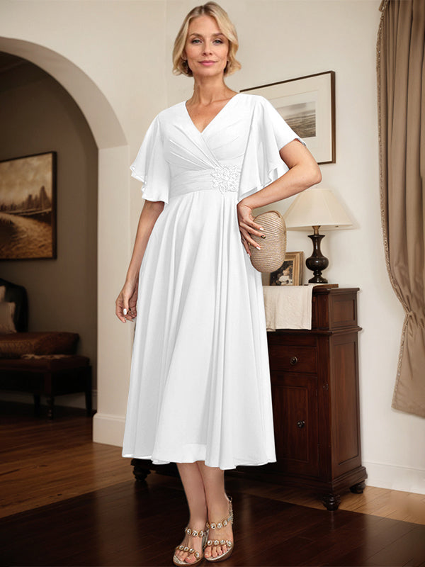 A-Linien Kleid mit V-Ausschnitt, tea-length Chiffon, Mutter der Braut mit plissierten Perlen