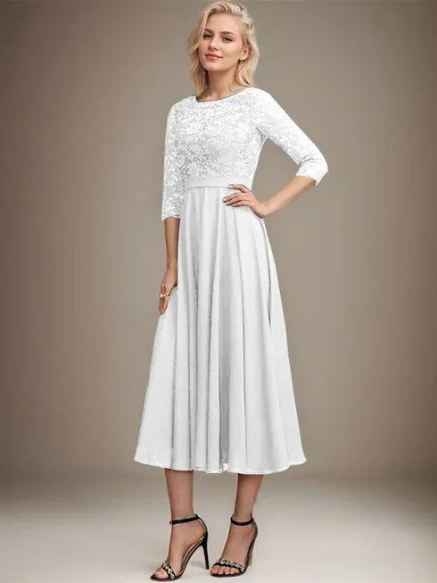 A-Linien Spitzen-Chiffon-Brautmutterkleid mit V-Ausschnitt, tea-length, mit Pailletten