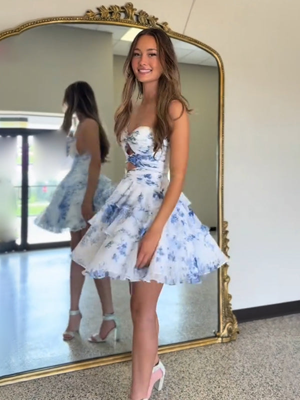 White Blue A-Line Empire Chiffon Sweetheart Sleeveless Homecoming Dress