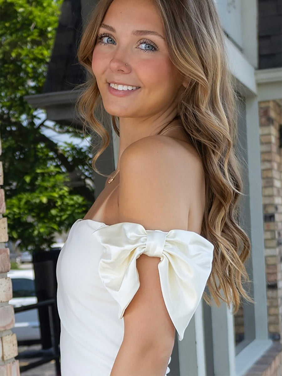 White Off The Shoulder Short Homecoming Dress with Bow