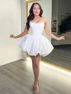 White Strapless A Line Short Satin Homecoming Dress