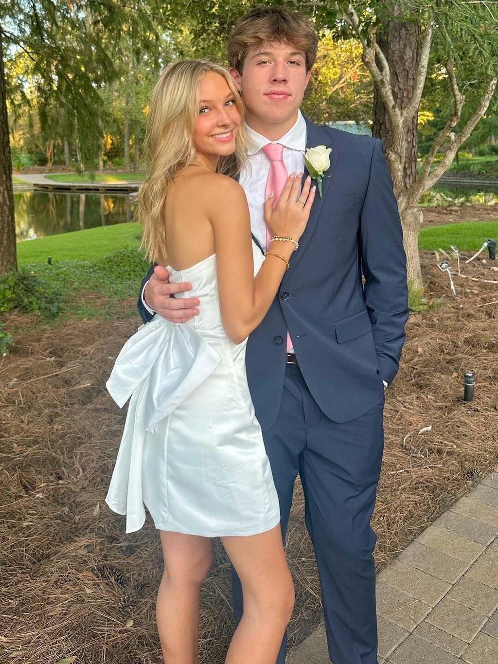 White Strapless Back Bow Satin Short Homecoming Dress