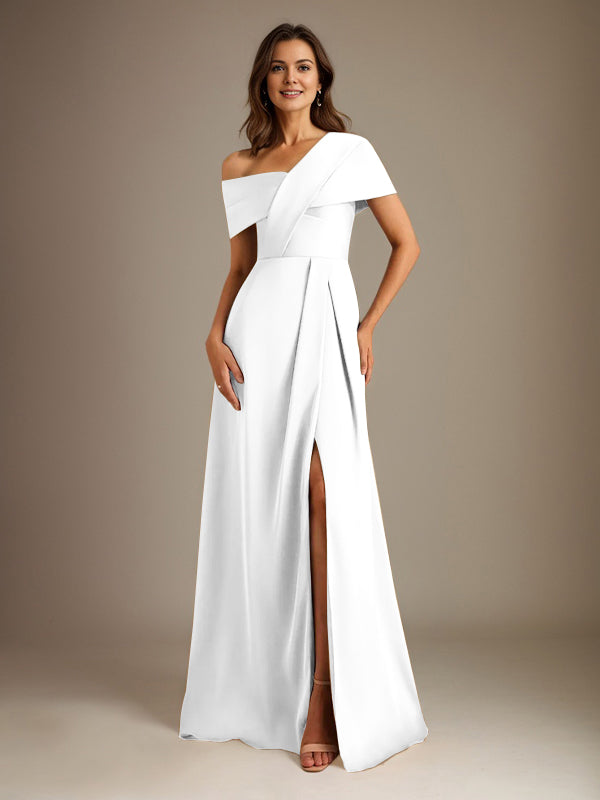 A-Linien asymmetrischer Ausschnitt bodenlanges Satin-Brautkleid für die Brautmutter mit Falten