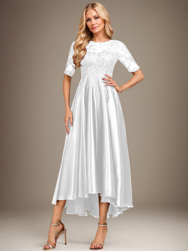 A-Linie Rundhalsausschnitt Illusion Asymmetrisches Stretch-Satin-Spitzen-Brautmutterkleid mit Pailletten