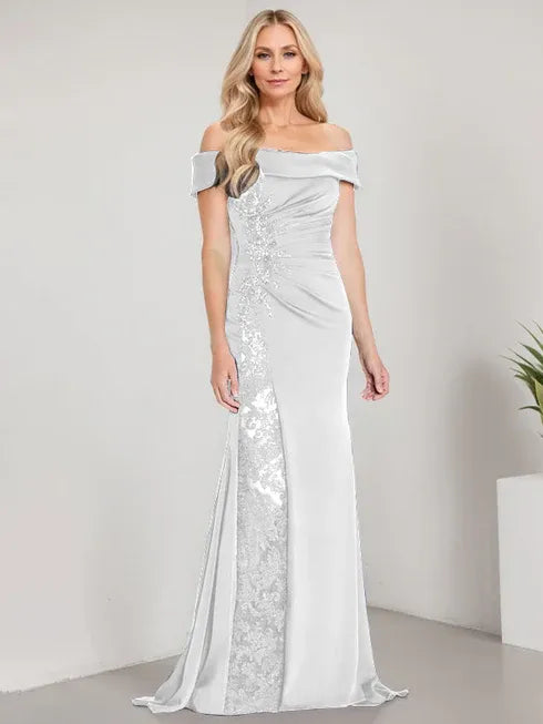 A-Linien Schulterfreies bodenlanges Brautmutterkleid mit Applikationen und Perlenbesatz Meerjungfrauenkleid mit hohem Schlitz