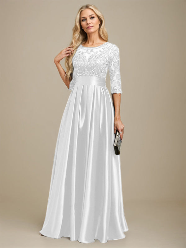 A-Linien Ausschnitt Illusions bodenlanges Stretch-Satin-Spitzenkleid für die Brautmutter mit Schleife und Pailletten