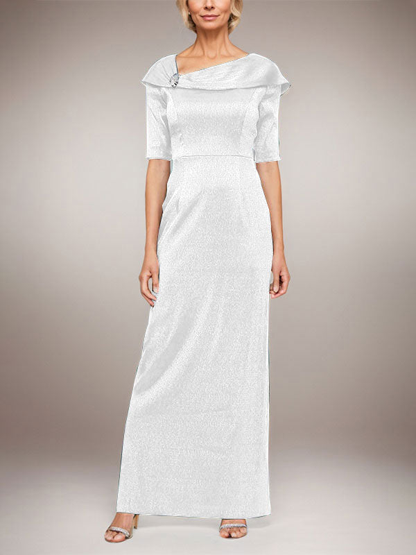 Langes schimmerndes Säulenkleid mit umgeschlagenem Ärmelbündchen, L-Ausschnitt und Ellbogenärmeln