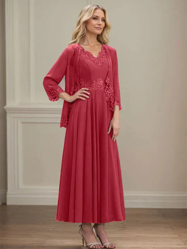 A-Linien Kleid mit V-Ausschnitt, knöchellang, aus Chiffon, Mutter der Braut Kleid mit Pailletten, Applikationen, Spitze und Perlenbesatz