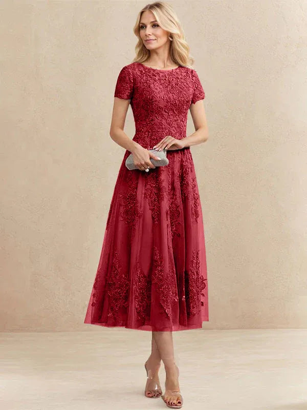 Robe de mère de la mariée A-line en tulle et dentelle, col arrondi, longueur thé
