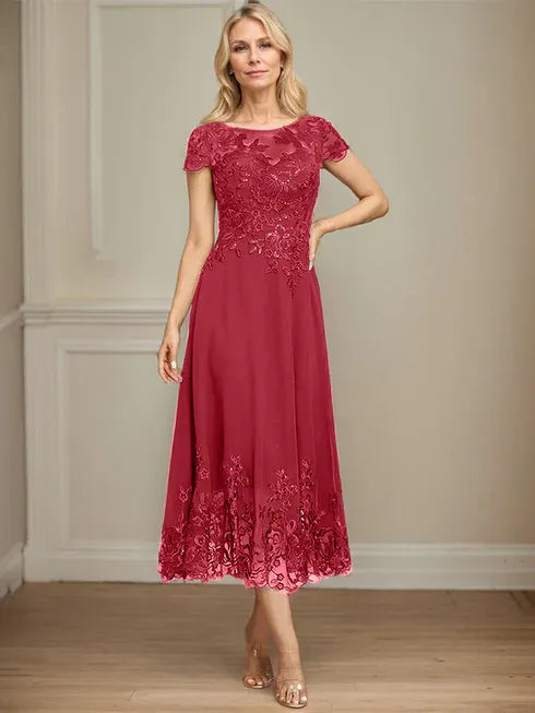 A-Linien Illusions Rundhals tea-langes Spitzenchiffon Mutter der Braut Kleid mit Pailletten