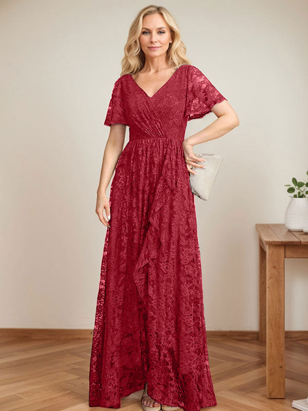A-Linien Spitzen-Mutter-der-Braut-Kleid mit V-Ausschnitt, asymmetrisch und mit kaskadierenden Rüschen