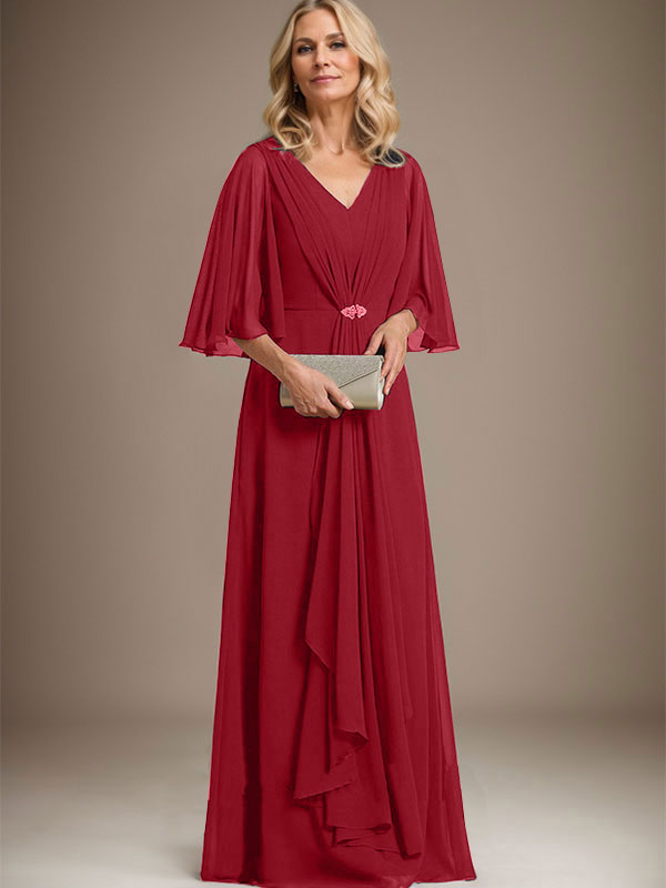 A-Linien V-Ausschnitt Bodenlanges Chiffon Kleid für die Brautmutter mit kaskadierenden Rüschen und Kristallbrosche