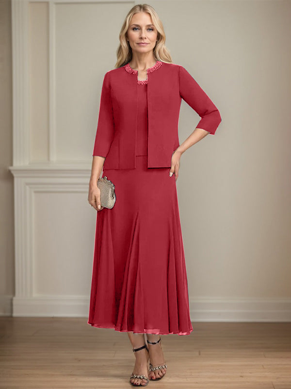 Separates A-Linien Chiffonkleid mit Rundhalsausschnitt, tea-length, Mutter der Braut mit Pailletten und Perlen