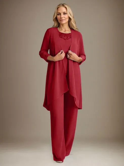 Chiffon Kleid mit Rundhalsausschnitt und langen Ärmeln, Mutter-der-Braut Hosenanzug mit Jacke