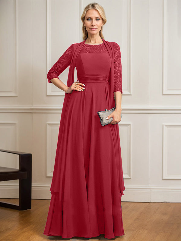 A-Linien Kleid mit Rundhalsausschnitt, Illusion, bodenlang aus Spitze und Chiffon, Mutter-der-Braut-Kleid mit Faltenwurf