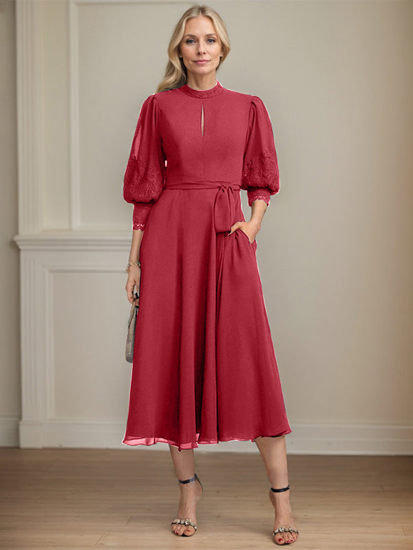 A-Linien Kleid mit hohem Kragen, tea-länge, Spitze und Chiffon, Brautmutterkleid mit Schleife