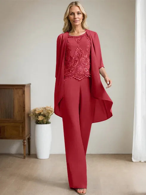 Zweiteiler Jumpsuit/Hosenanzug mit Rundhalsausschnitt, bodenlanges Chiffon-Spitzenkleid für die Mutter der Braut mit Perlen und Pailletten