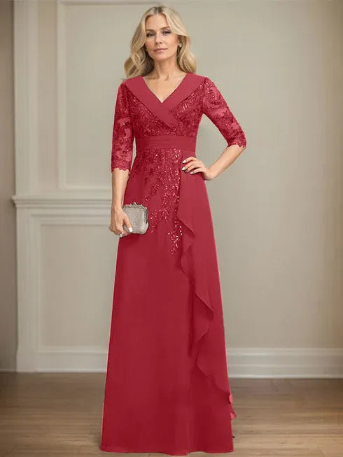 A-Linien Kleid mit Kragen, V-Ausschnitt, bodenlang, aus Spitze und Chiffon, Mutter der Braut Kleid mit Pailletten und fallenden Rüschen