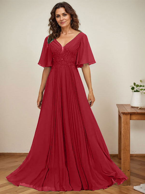 A-Linien V-Ausschnitt bodenlanges Chiffon Mutterkleid der Braut mit Pailletten-Applikationen, Spitze und Falten