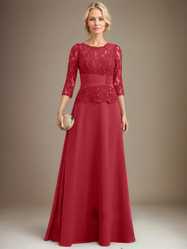 A-Linien Kleid mit Scoop-Ausschnitt, Illusion, bodenlangem Chiffon und Spitze, Mutter-der-Braut-Kleid mit plissierten Pailletten und Perlenbesatz
