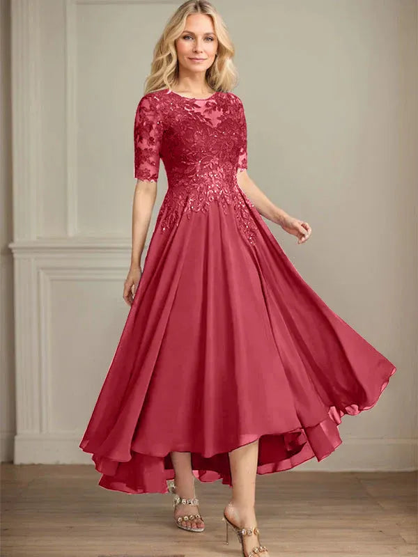 A-Linien Scoop-Ausschnitt Illusion asymmetrisches Chiffon-Spitzen-Mutter-der-Braut-Kleid mit Pailletten