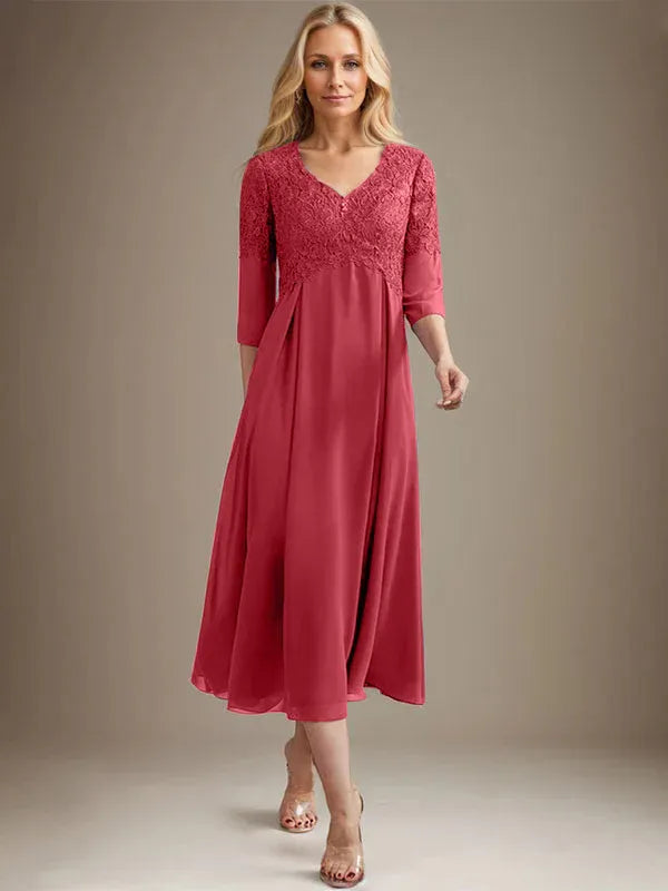 Vestido línea A con escote en V, largo hasta el té, de gasa y encaje para madre de la novia con pedrería