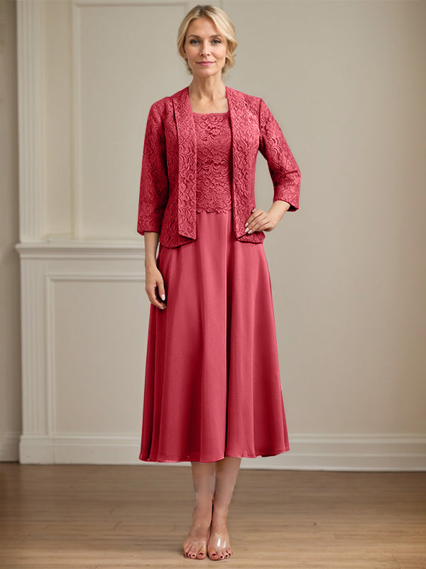 A-Linien Kleid mit Rundhalsausschnitt, tea-länge, Spitze und Chiffon, Mutter der Braut Kleid