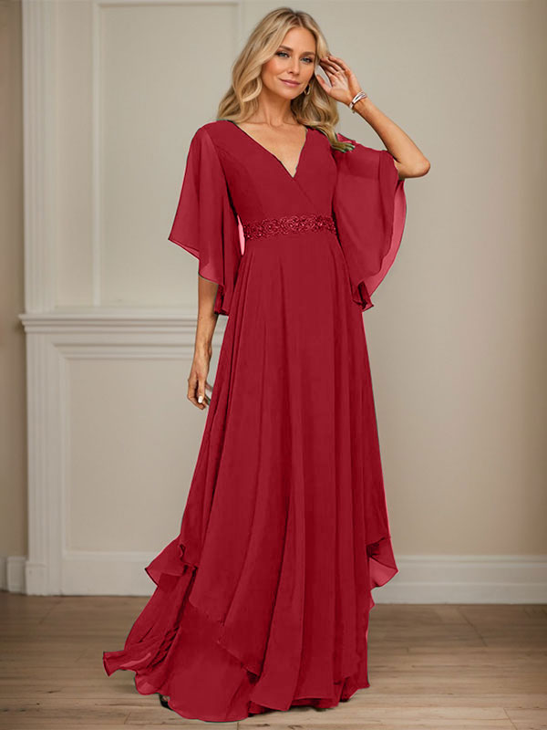 A-Linien V-Ausschnitt bodenlanges Chiffon-Mutter-der-Braut-Kleid mit Pailletten-Applikationen, Spitze und Perlen