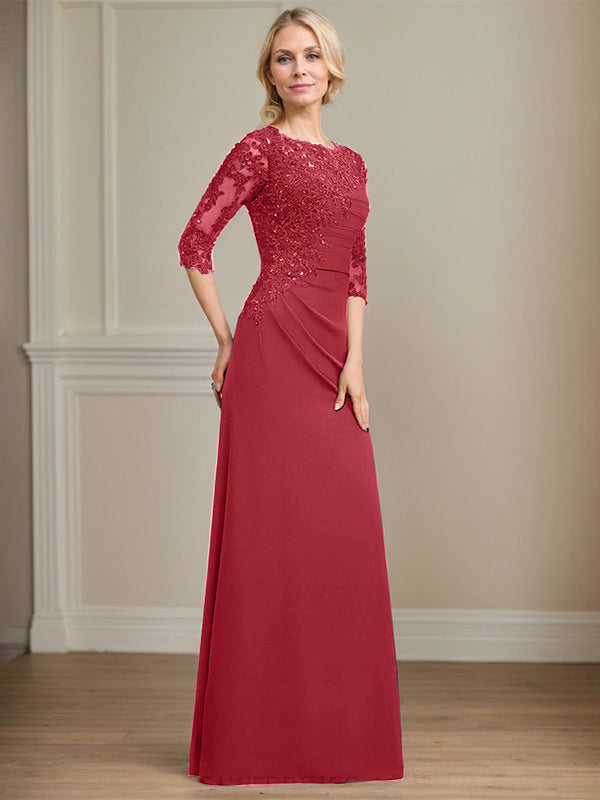 A-Linie Rundhals bodenlanges Chiffon Spitzen Brautmutterkleid mit Perlen Falten Pailletten