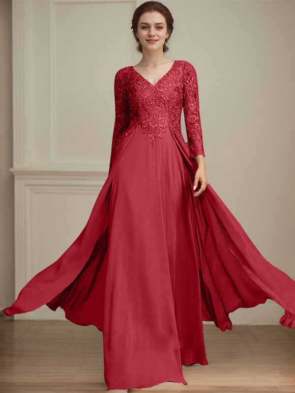 A-Linien V-Ausschnitt Bodenlanges Spitzen-Chiffon Kleid für die Brautmutter mit Pailletten