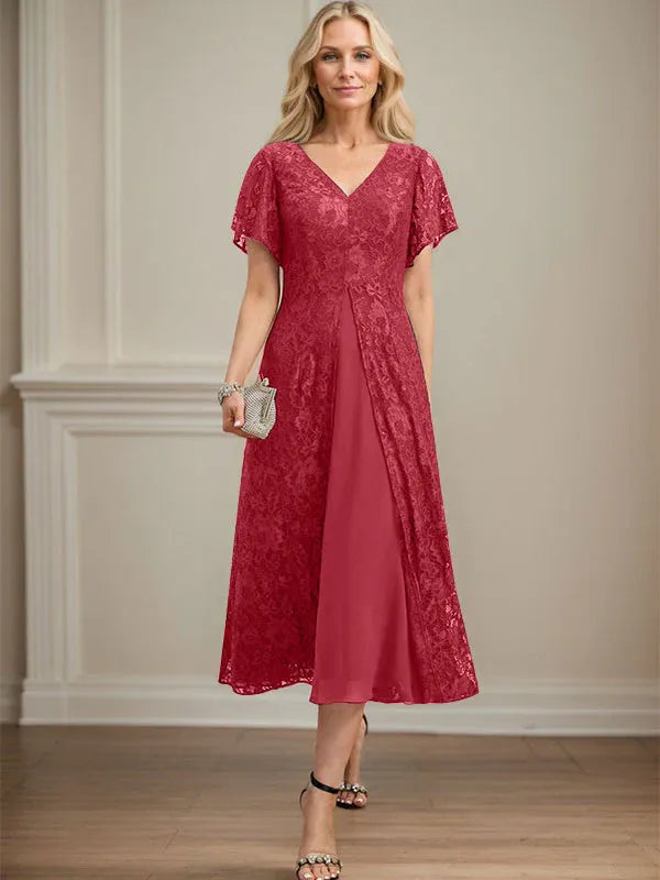 Robe mère de la mariée ligne A en dentelle et mousseline à col en V longueur thé