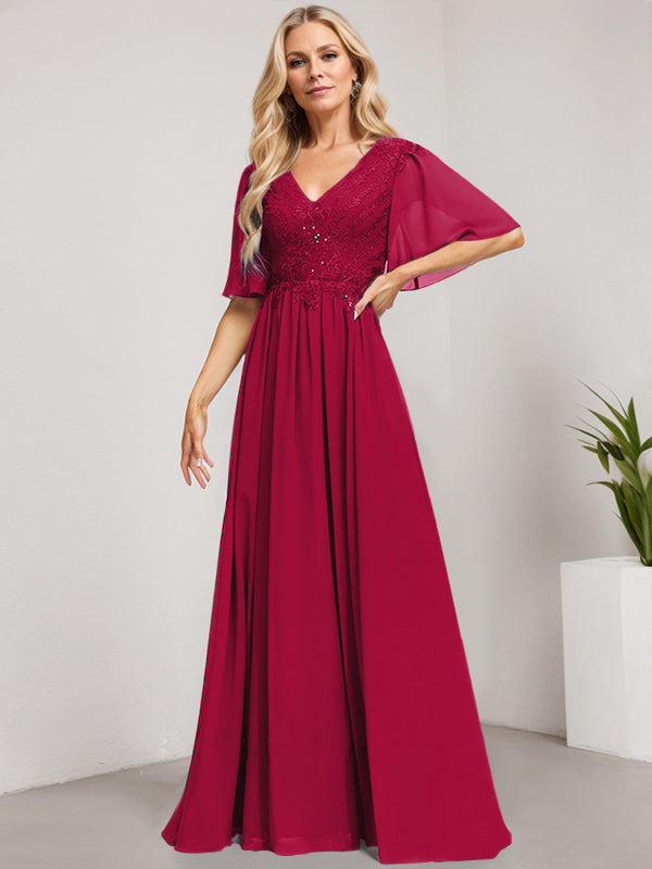 Robe mère de la mariée ligne A col en V longue en dentelle et chiffon avec sequins