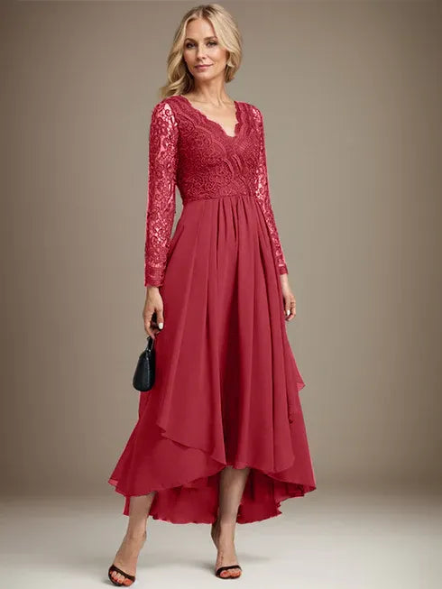 Vestido de madre de la novia en línea A con escote en V, encaje y gasa asimétrica