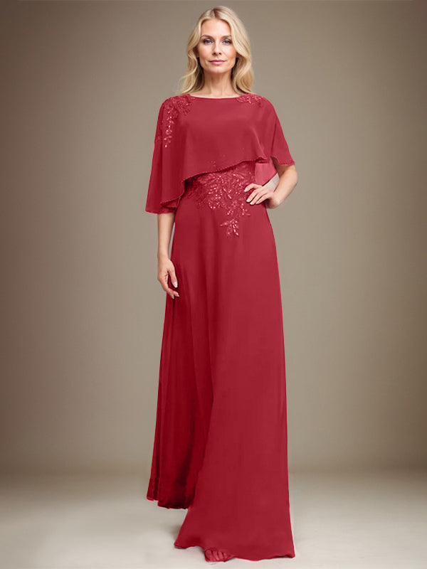 A-Linie Rundhals Bodenlanges Chiffon-Spitzenkleid für die Brautmutter mit Pailletten und Perlen